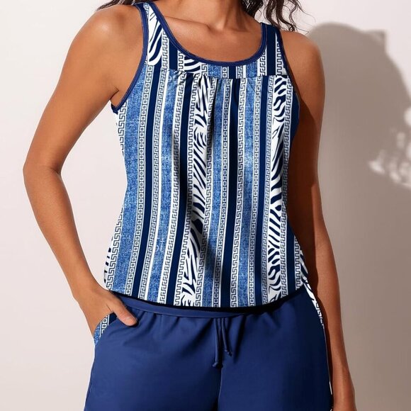 Brand New Women's Tankini Swimsuit Blue Vertical M - Picture 6 of 6